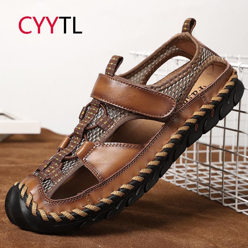 

CYYTL Men Sandals 2020 New Summer Beach Shoes Soft Leather Plus Size Protect Toes Male Outdoor Sneakers Sandalia Masculina1, Light brown