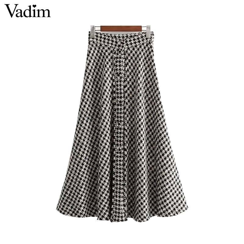 

Women retro plaid houndstooth tweed midi skirt tassel patchwork buttons decorate A line pleated basic casual skirts BA769 Y200326, As picture