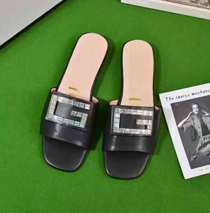 

Slippers fashion designer Ladies shoes,Square head Flat slippers, sandals rhinestones decorated Italian all-inclusive ladies leather dress slippers C88H, Black