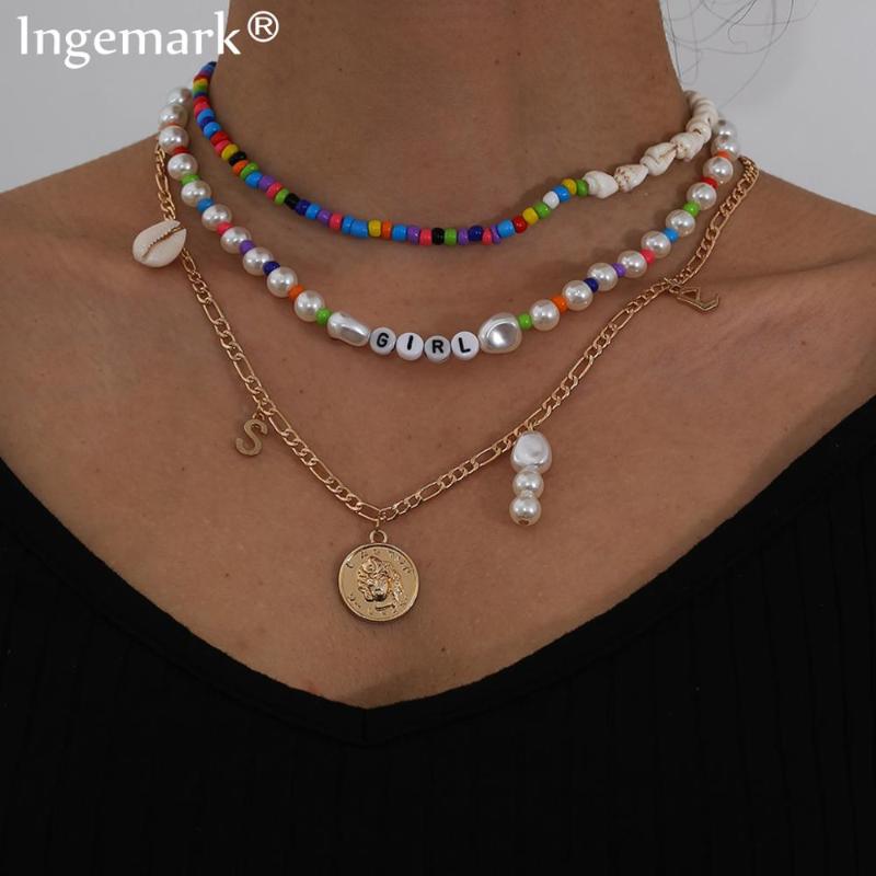 

Chains Boho Baroque Pearl Coin Pendant Choker Necklace Multilayer Conch Natural Shell S Girl Letter Tassel Beaded Chain Women Jewelry