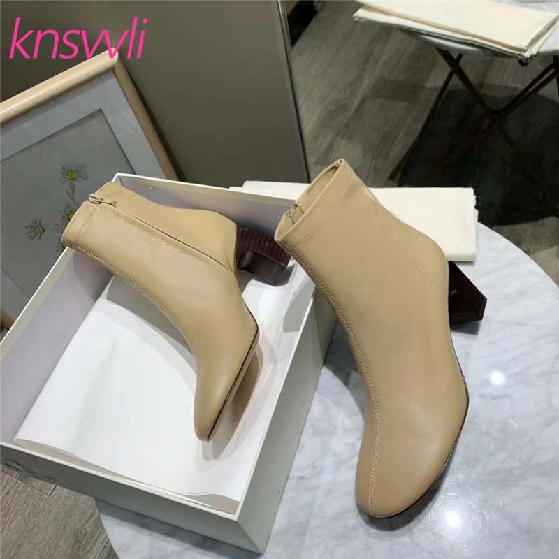 

Wood Grain Curve Heels Ankle Boots For Women Genuine Leather Women Shoes Designer Short Boots Chunky High Heel Botas Femininas1, Black