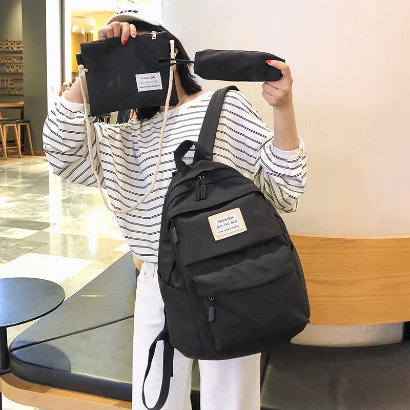 

3 set Nylon Backpack Solid Color Shoulder Bag Casual Women Backpack Teenage Girl School Bag Bagpack Backbag Mochilas Female, Black bag