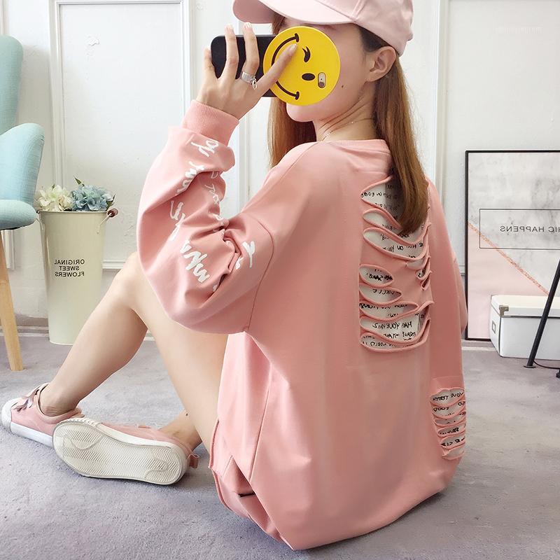 

#2163 Summer Cotton Casual Loose T Shirt Women Plus Size Long Sleeve O-neck Tshirts Ladies Letter Printed Hole Korean Tshirt1, Black