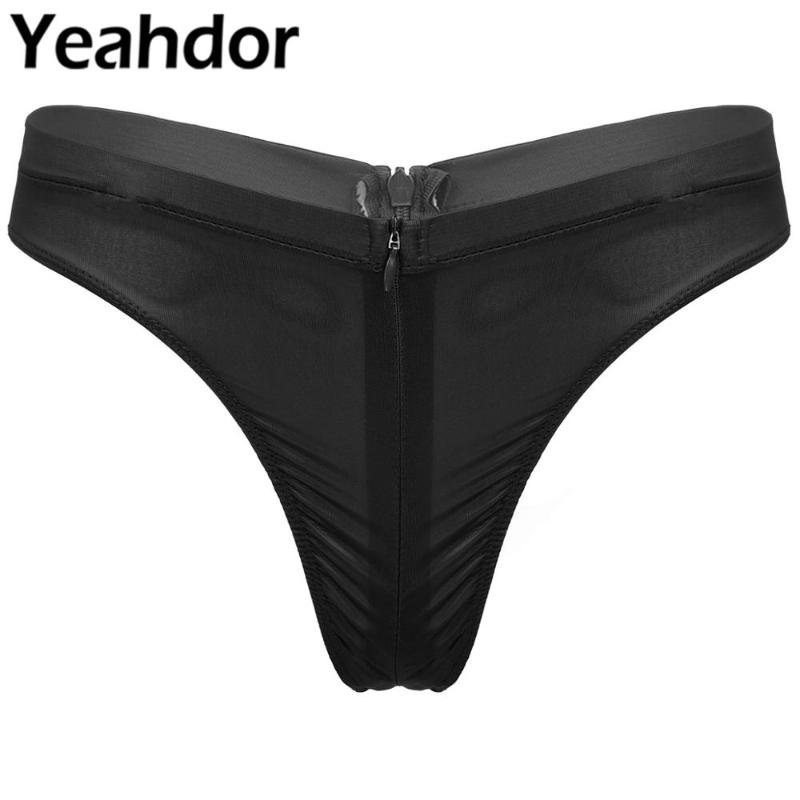 

Women Sexy See-Through Zipper Briefs Female Panties Low Rise Elastic Waistband Crotchless Thong Underwear Lingerie Underpants, Black