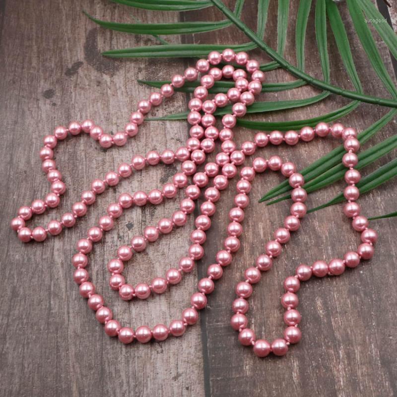

Lovely Pink Long Necklace Simulated Pearl Shell Beads Strand Chain Necklaces Round Glass Pearls Statement Women Jewelry 56" A9701