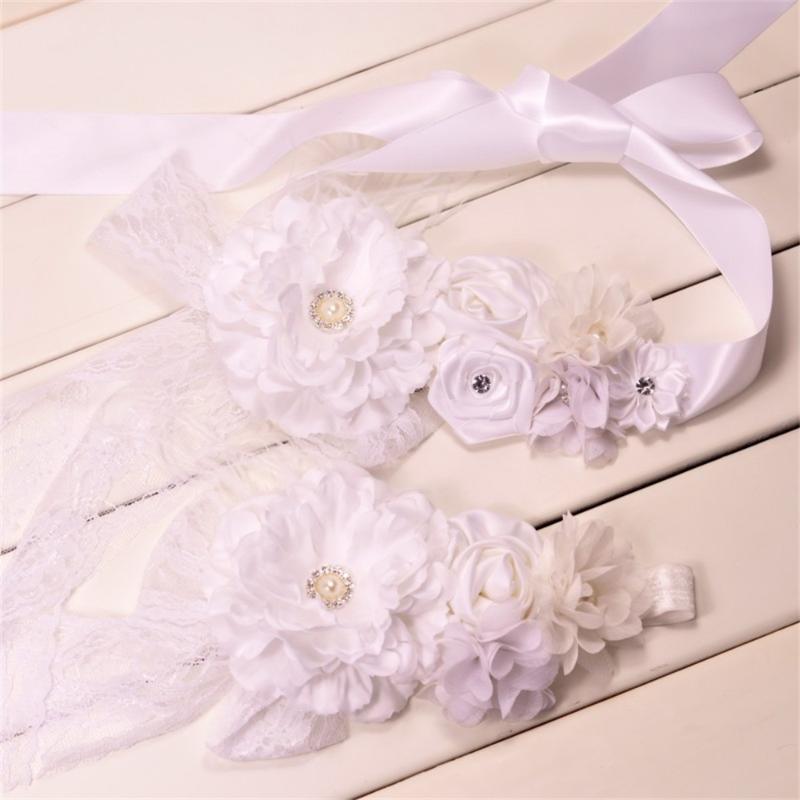 

8Sets/lot Peony Flower Sash Matching Baby Headband Pregnancy Sash Vintage Inspired Belt, White