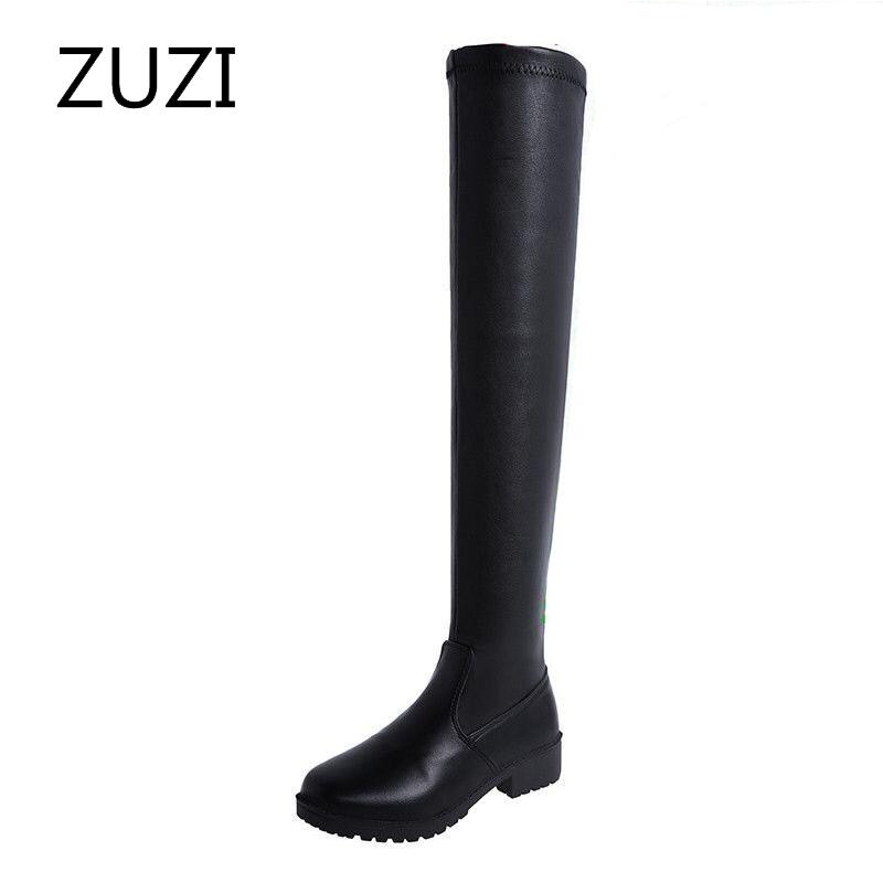 

ZUZI 2020 Women's Pu Leather Over-the-knee Thin Flat-bottomed Low-mid-heeled Over-the-knee Long High-barrel Elastic Boots, Black
