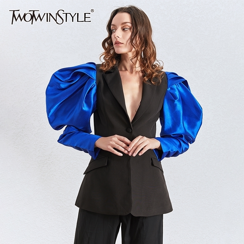 

TWOTWINSTYLE Patchwork Hit Color Women's Blazers Puff Long Sleeve Notched Ruched Female Suits Autumn Fashion Tide Clothing 201201, Blue