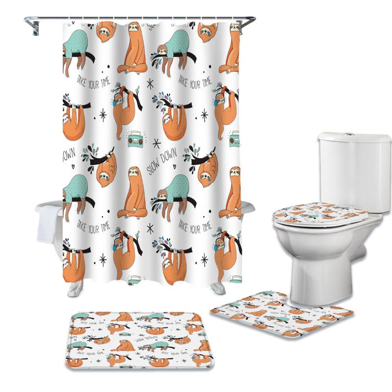 

Animal Cute Sloth Cartoon Waterproof Bath Shower Curtain Rug Set Non-slip Bath Mat Toliet Cover Polyester Shower Curtain