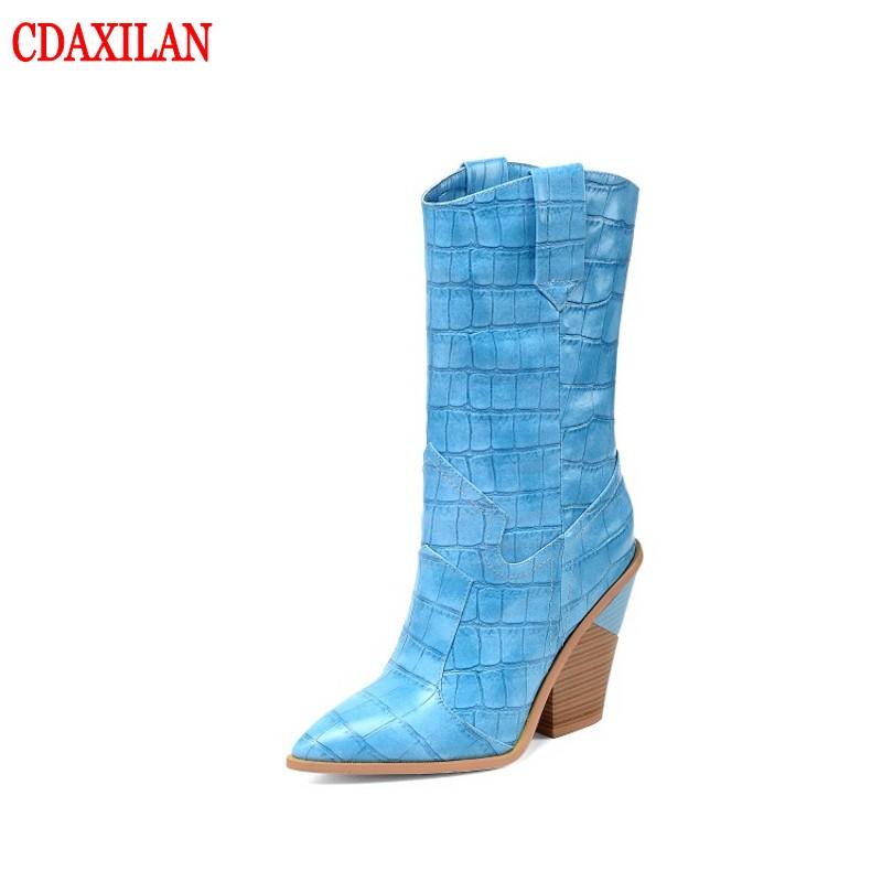 

CDAXILAN new to women's boots Stone grain Microfiber Leather pointed toe Mid-calf boots super·high heel wedges winter, Yellow(inner