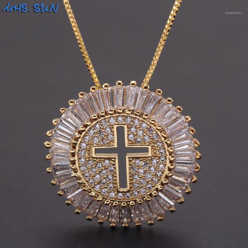 Pendentif Colliers MHS.SUN Luxe Rond CZ Zircon Collier Catholique Croix Chaîne Collier Femme Or Couleur Bijoux Cadeau De Noël1