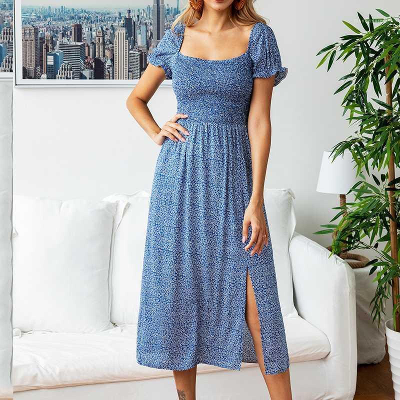 

Summer maxi long dress 2019 women Sexy V-neck printed Fashion ruffled bubble sleeve boho dress female ruffles beach dresses1, Blue