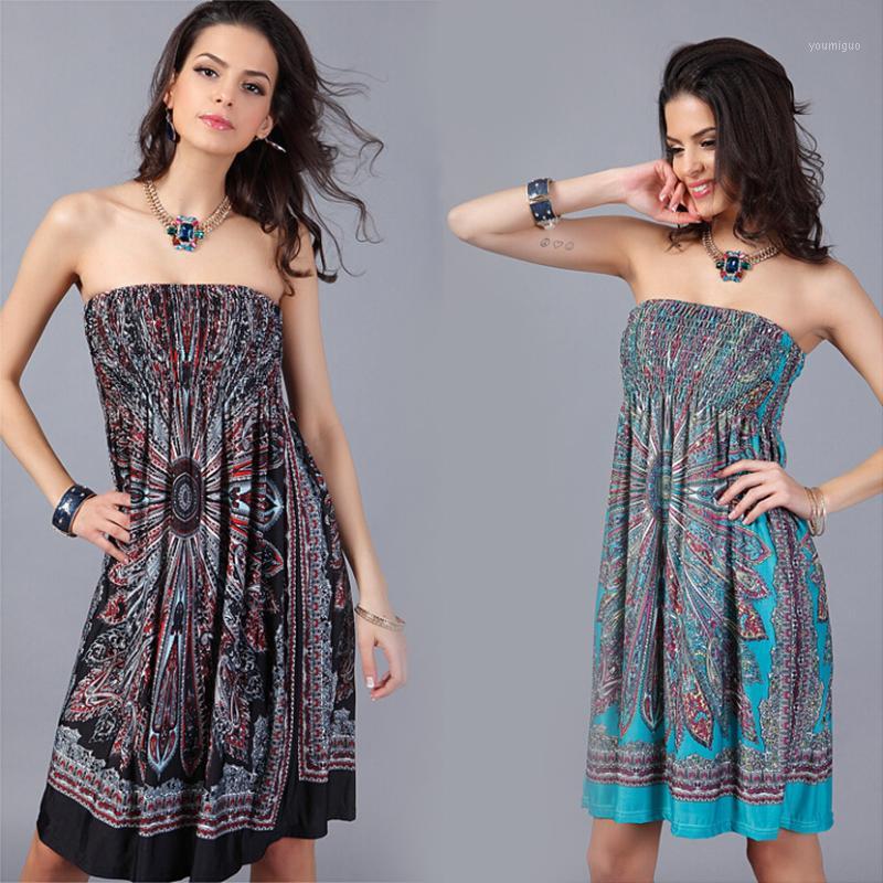

Wholesale- New Women Strapless Dress 2016 Floral Print Sexy Beach Dress Plus Size Bamboo Fiber Retro Bohemina Summer Sundress Women Dress1, Black