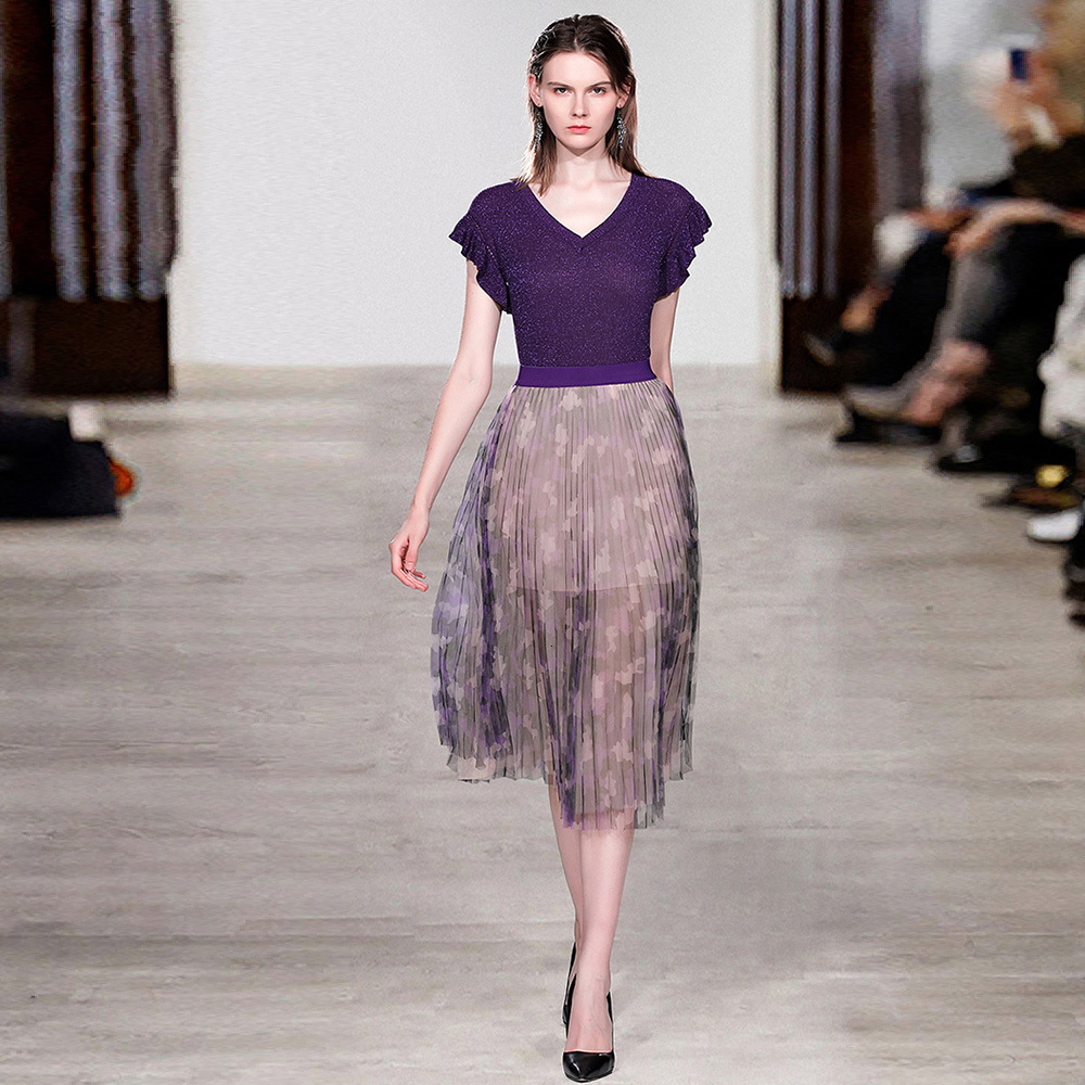 

2021 New Fall Women Fashion Purple Butterfly Sleeve V-neck Knitted Top + Flower Print Long Mesh Skirt Casual Two-piece Set 6j17, As picture