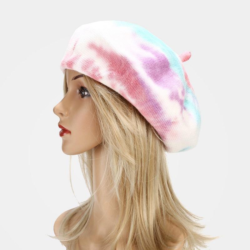 

New Winter Tie Dye Knitted Berets For Women Vintage Female British Style Beanie Lady Painter Bonnet Hats Girl Red Berets Hat1