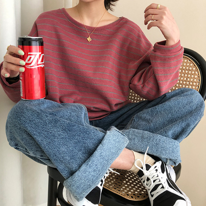 

2021 New 3-color autumn Korean style stripe feminine loose long sleeve sweatshirts of women pullovers (f3926) 85DR, Blue