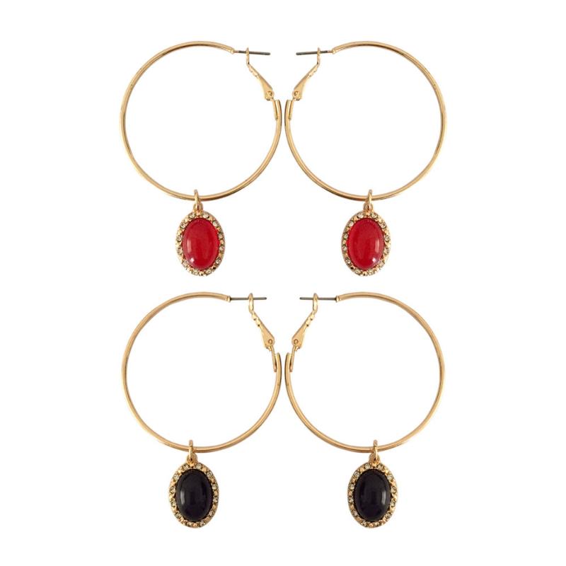 

Sexy Tide Female 45mm Hoop Earrings Gold Color Hoop with Red and Black Half Ball Charm Clear Glass Paving Earring for Party