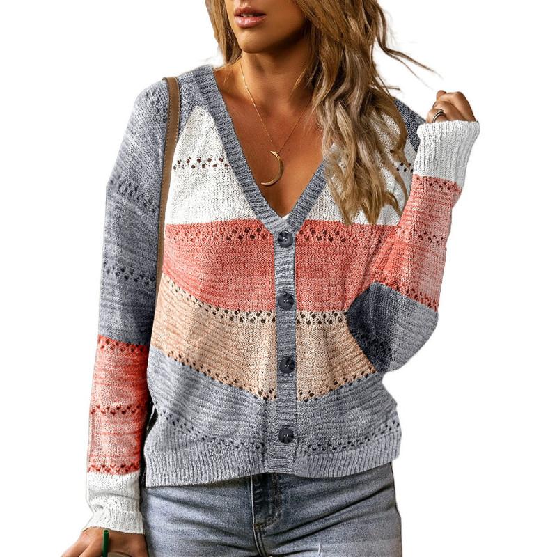 

hirigin Spring Autumn Women V-Neck Hollow Striped Swater Long Sleeve Knitwear Pullovers Fashion Street Casual Sweet Style Tops, Orange