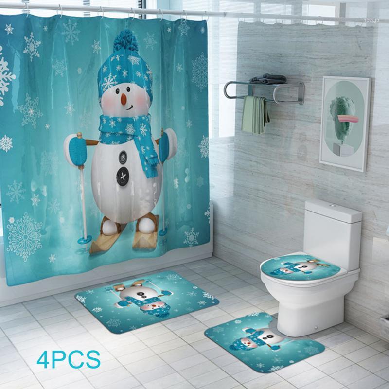 

4pcs Christmas Santa Claus Snowman Print Bathroom Decorations Set Toilet Seat Cover Bathtub Rug Shower Curtain Set for Home1