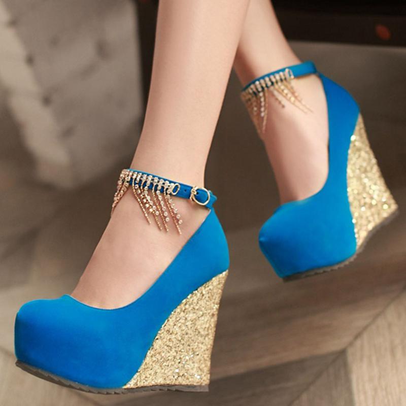 

SARAIRIS Big Size 43 Elegant High Heels Party Wedding Wedges ankle-strap Chains Platform Pumps Shoes Women, Black