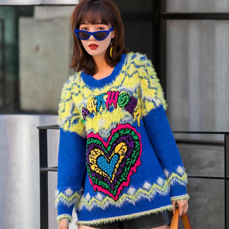 

EWQ] 2021 Winter Women Casual Round Neck Loose Soft Panelled Letter Diamond Print Long Sleeve Pullover Knit Sweater 8Q855, Blue
