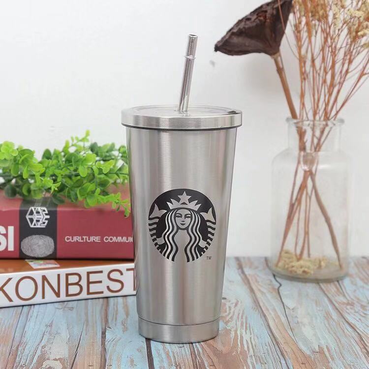 

Simple Style Starbucks Straw Stainless Steel Cup Embossed Metal Portable Coffee Cup Couple Handy Cup with Package Box, As show