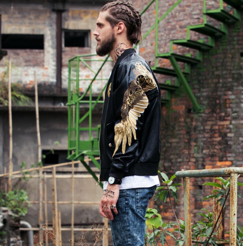

Hot Sale Mens leather jackets Bomber faux Leather Jackets Red Black PU Outwear Gold Wings Embroidery Punk motorcycle Slim Coat