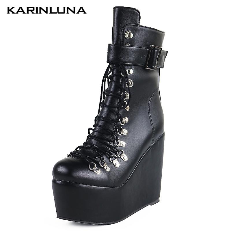 

High Heels Fashion Brand New Design woman shoes Wedges Heels Cross-tied Round Toe Zip Buckles Straps Platform Boots, Black