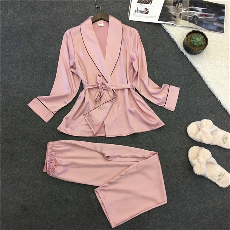 

Satin Silk Sexy Pajamas Sets for Women Suit Pink Home Sleepwear Night Long Sleeve Loungewear 2Pcs Clothing Pant 201114, Navy