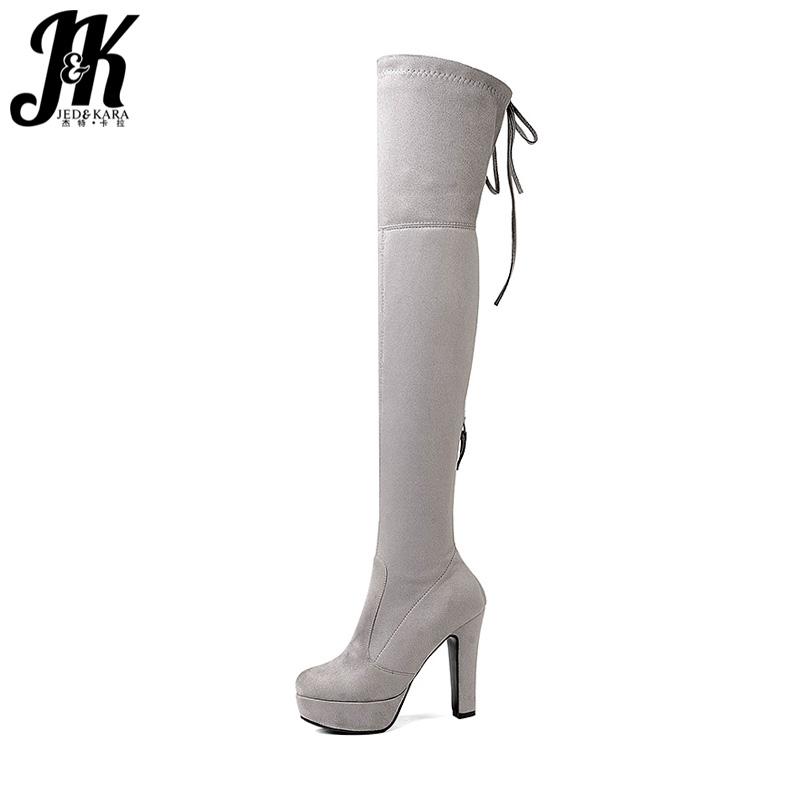 

JK 2020 Latest Women Stretch Over Knee Boot Faux Suede Thick High Heels Platform Boot Zipper Lady Shoes Winter Big Size, Red