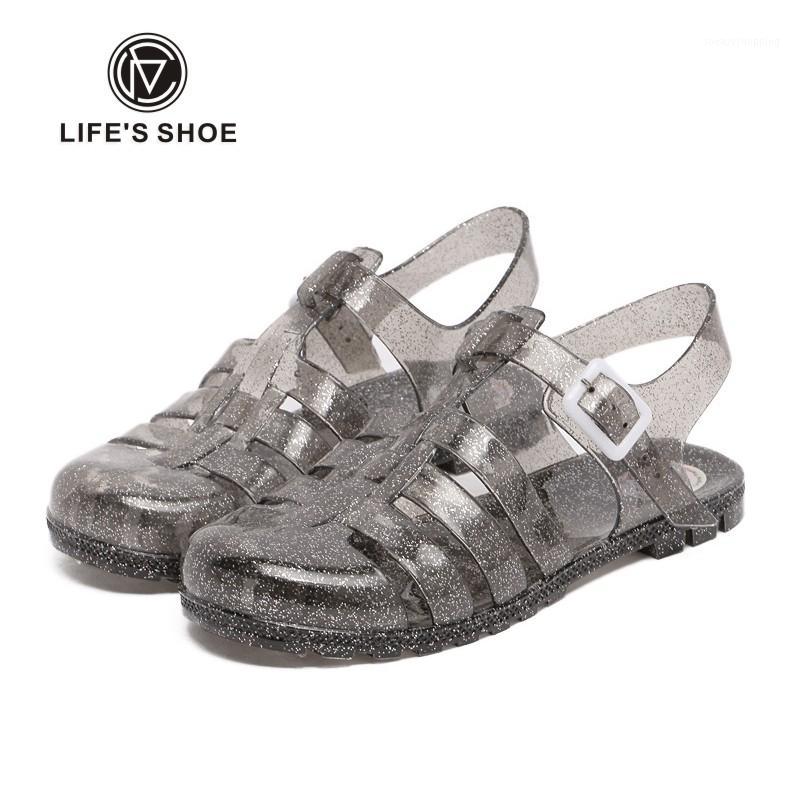 

New Summer Women Sandals Woman Crystal Solid Casual Shoes Female Plastic Transparent Beach Sandals flat heeled1, Black