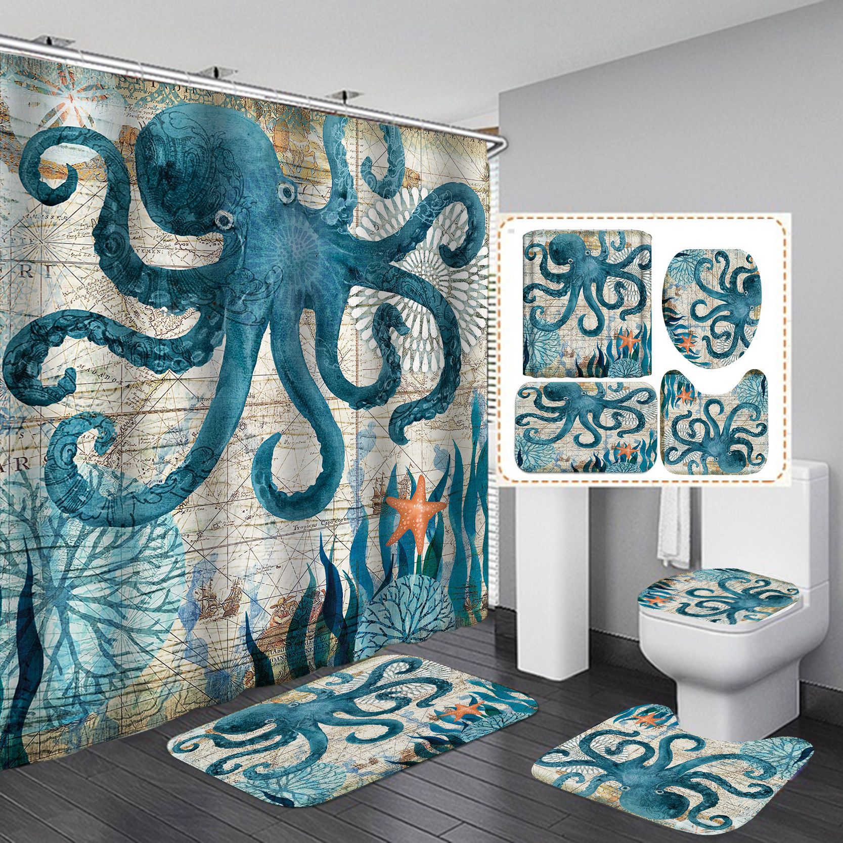 

4 Pcs Bathroom Sets Shower Curtain Set with Mat Set Marine Animal Turtle Toilet Cover 180X180CM Couple Shower Curtain 2020 Toilet Seat Cover