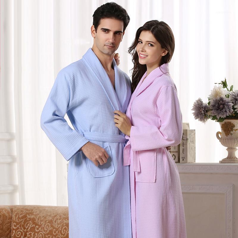 

Wholesale- 2016 spring summer item thin cotton waffle bathrobe lovers bathrobe long design robe1, Pink