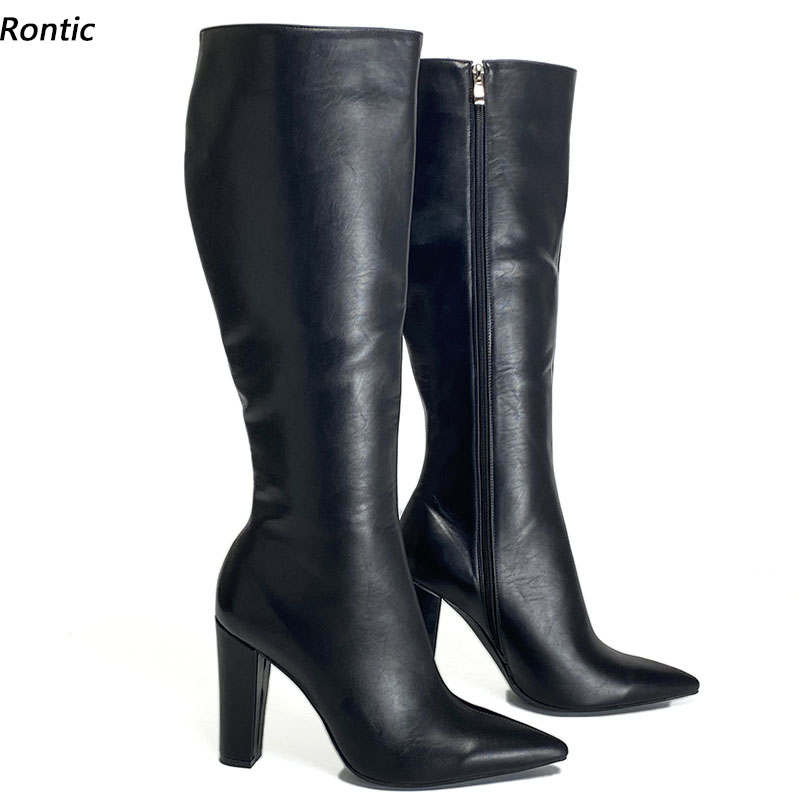 

Rontic Handmade Women Winter Knee Boots Unisex Stiffi Matt PU Block Heels Pointed Toe Elegant Black Party Shoes US Size 5-15, Blue