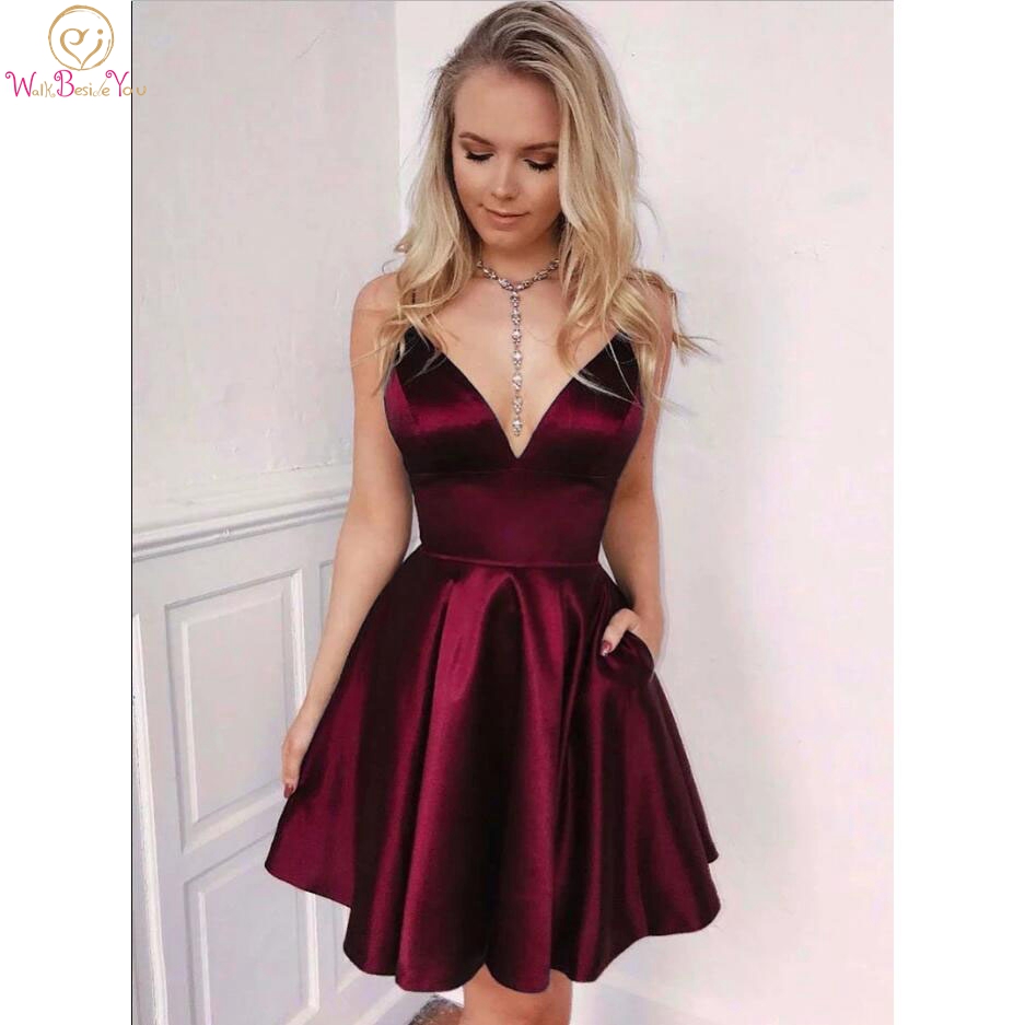 

Homecoming Dresses 2020 Short Satin V Neck Simple Mini Spaghetti Strap A Line Ruched Formal Party Graduation Gown Cheap, Purple