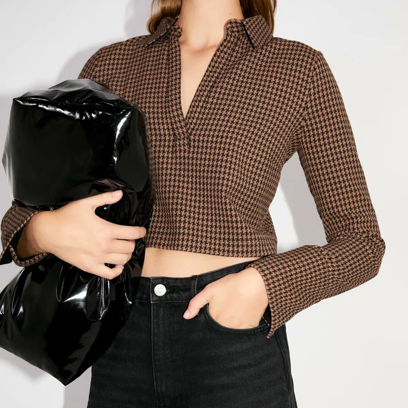 

2021 New Women Spring Autumn Long Sleeve Plaid Printed Office Lady Fashion Short Tops Turn Down Collar Outerwear Lw95