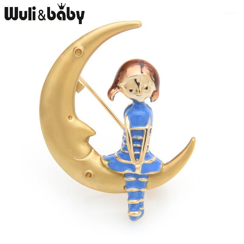 

Wuli&baby Blue Pink Girl Sitting On the Moon Brooches Women Alloy Enamel Casual Party Brooch Pins New Year Gifts1