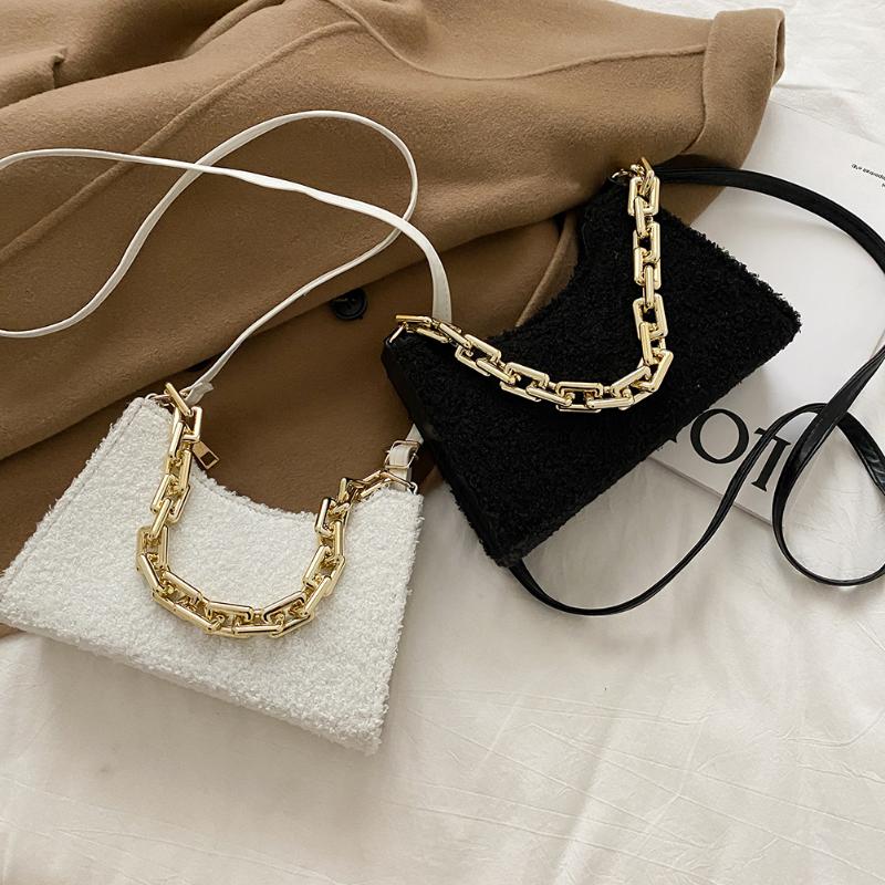 

Portable Plush Underarm Bag Hobo Women Solid Chain Street Shoulder Clutches, Black