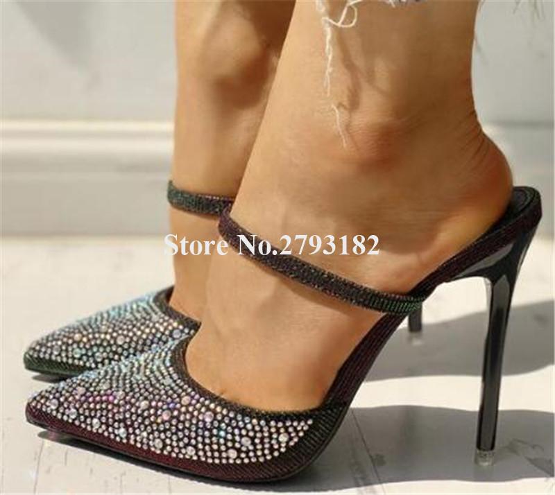 

Women Luxurious Bling Bling Rhinestone Pointed Toe Stiletto Heel Pumps Slip-on Red Silver Black Crystal High Heels Wedding Shoes, As picture
