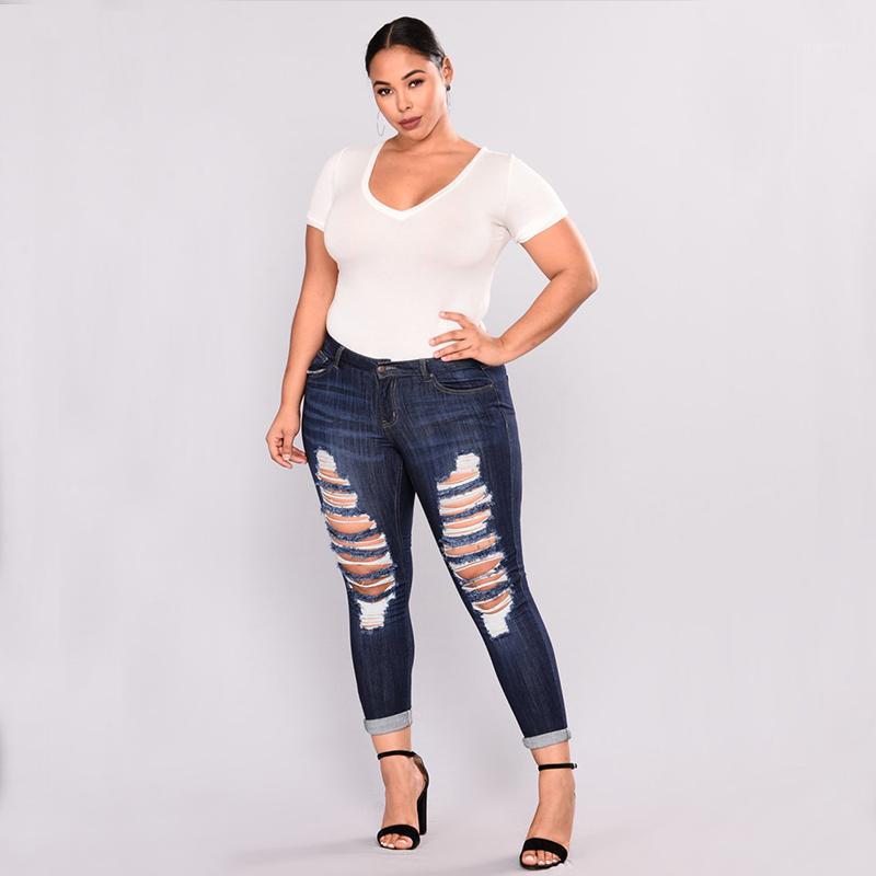 

2020 New Fashion Plus Size Denim Ripped Hole Skinny Woman Pants High Waist Stretch Female Jeans Slim Pencil Trousers1, Dark blue
