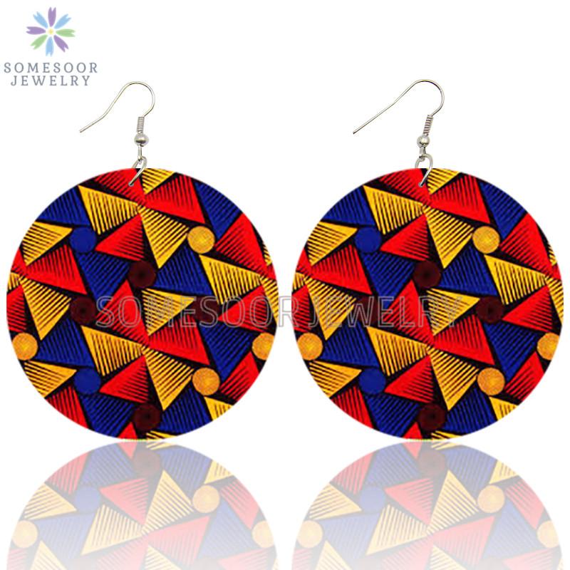 

SOMESOOR Geometric African Flower Fabric Style Printed Wooden Drop Earrings Big Loops Pendant Dangle Jewelry For Women Gifts