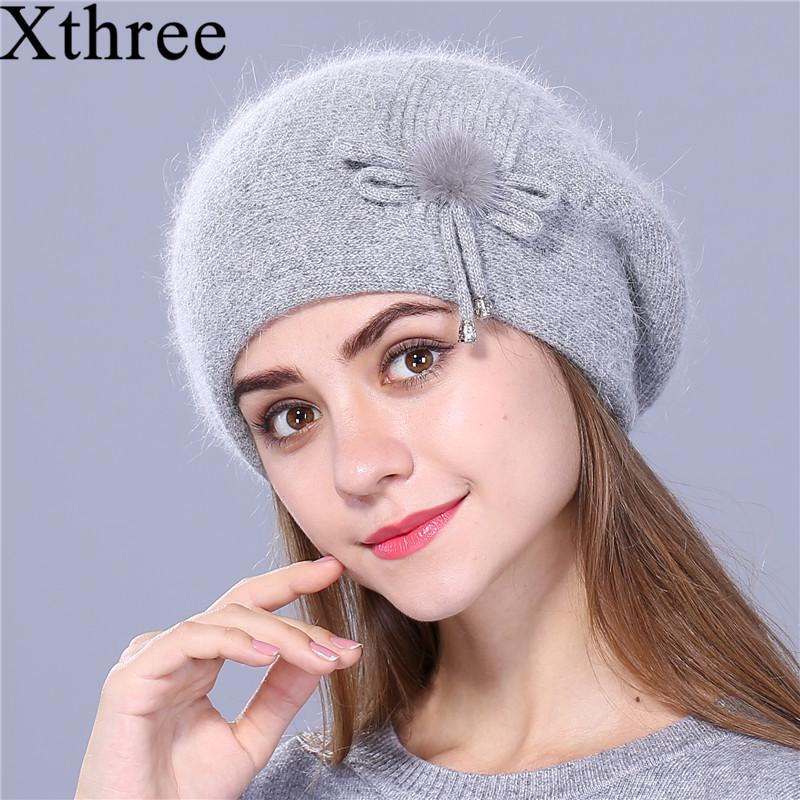 

Xthree Winter beret hat for women knitted hat fur beret for girl solid colors fashion lady cap good quality, White
