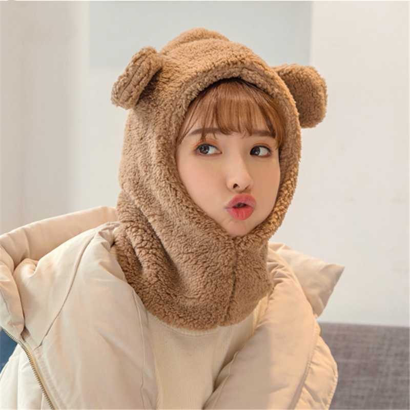 

Ins winter cute selling cute bear ears warm hat windproof neck scarf cap student women plus cashmere cap, Beige