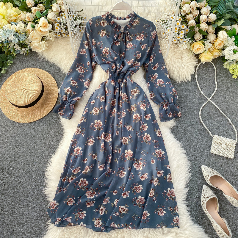

New Spring Female Floral Print Vintage Ladys Puff Sleeve Neck Bohemia Medium Dress Long Xpzt, Beige