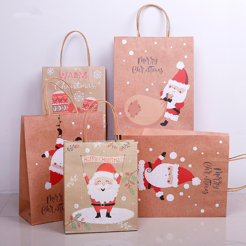 2020 Merry Gift Bags Kraft Paper Handbag Xmas Tree Snowflake Christmas Candy Box New Year Kids
