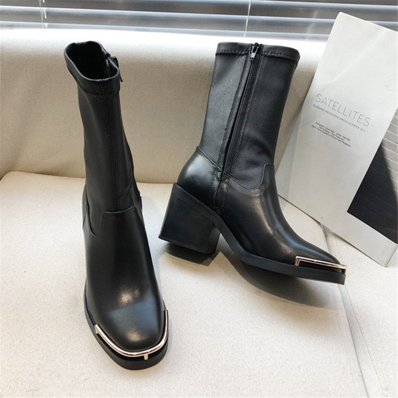 

Toe Square Metal Women's Ankle Genuine Leather Seven Inches Chunky Stilettos Woman High Heels Short Fall Booties Fit Half Boots Bj8p, Black