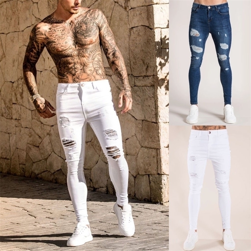 

Mens Solid Color Jeans New Fashion Slim Pencil Pants Sexy Casual Hole Ripped Design Streetwear Cool Designer,White blue 30H 201111