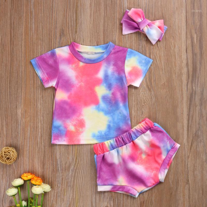 

Toddler Baby Girls Tie-dye Clothes Sets, Round Neck Short Sleeve T-shirt Top + Elastic Shorts + Headband Fashion 3 Piece Outfits1, Red