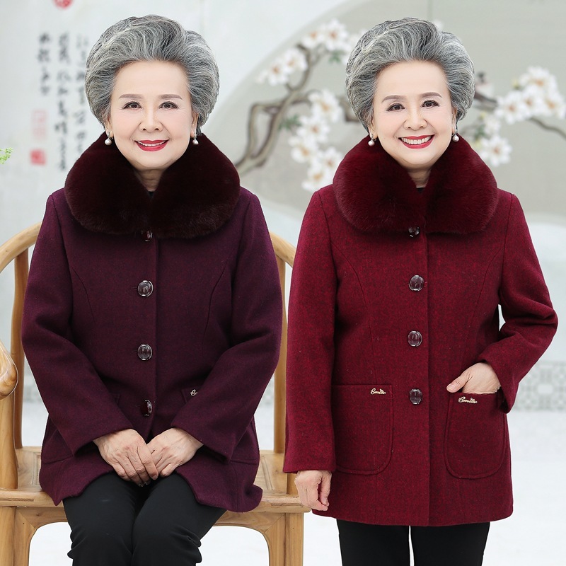 

2021 New Middle-aged Female 60-70-80 Women's Winter Clothing Wool Jacket Medium Length Single-breasted Thicken Warm Coat Grandma ROTA, Red