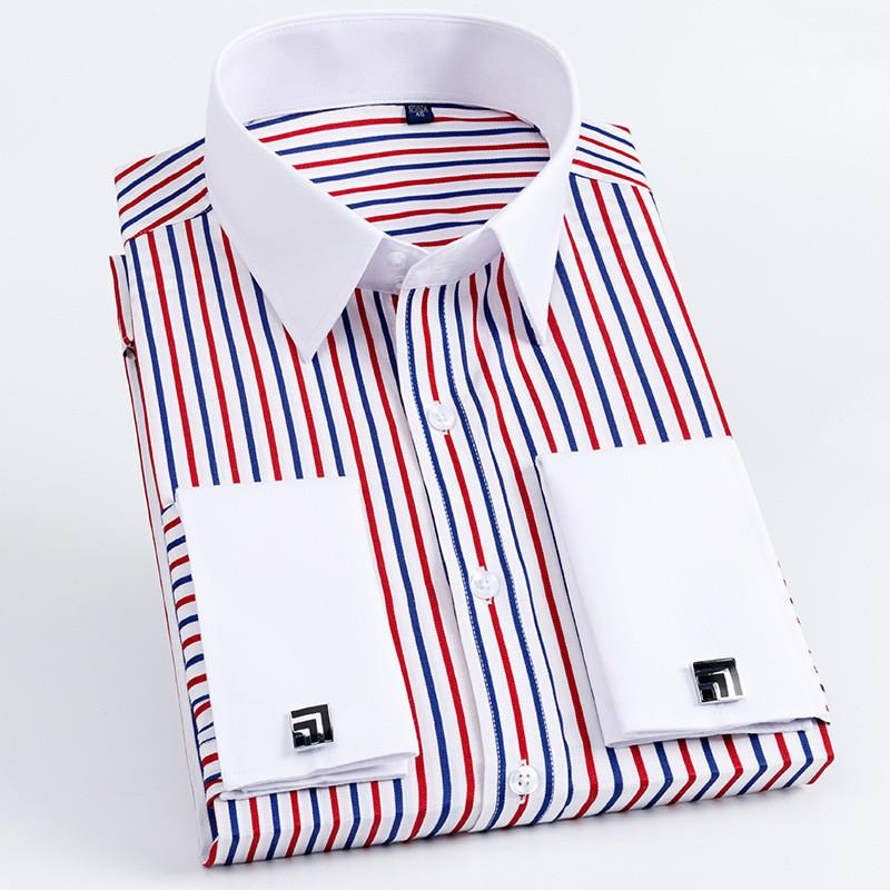 

Quality Men Casual Slim Fit Shirt Mens Long Sleeve Business Dress Shirts French Cufflinks Shirt Male Striped, 8012